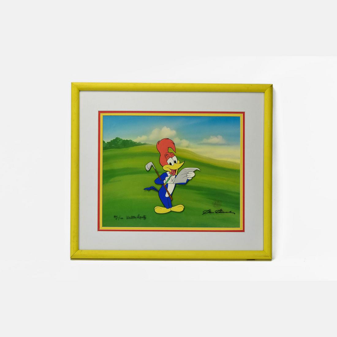 Walter Lantz Woody Woodpecker Sam Snead Golf Animation Cel Artist Proof/100: Excellent condition, Limited Edition, Large Hand-Painted Animation Cel of Woody Woodpecker, from Walter Lantz Productions. This is a 16 field cel signed by Walter Lantz AND golf legend Sam Snead. Limi