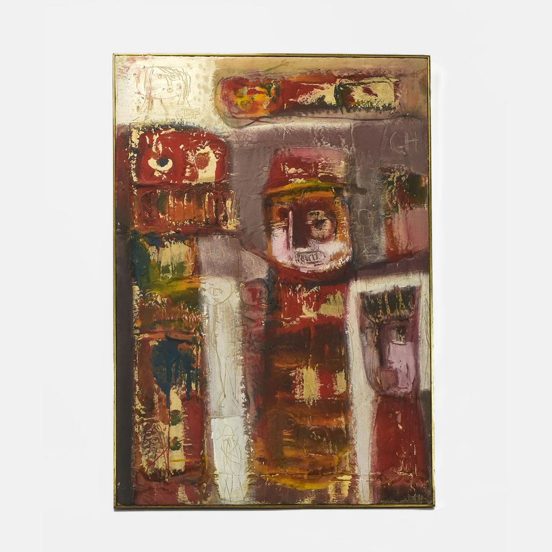 Paez 1964 Figurative Abstract Expressionist Impasto Oil Painting Uruguay "Huaco": With hints of Basquiat, this 1964 painting was created with a very thick impasto technique, along with scratched line figural elements throughout. Very Good overall condition, with only a few paint sp
