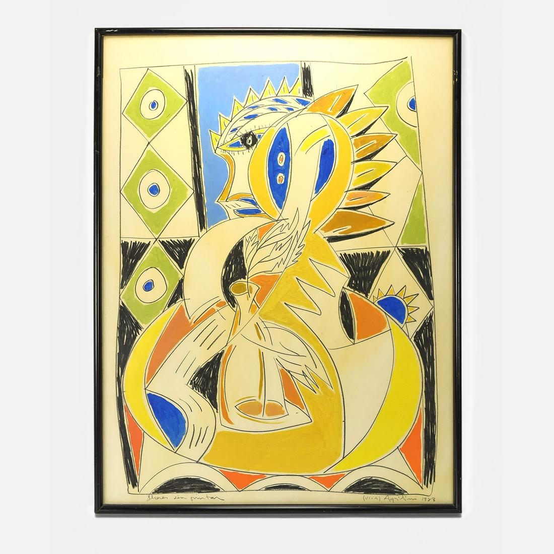 1983 Agrilino Original Cubist Drawing "Flores Pintar" Crayon Pastel and Graphite: In fine original condition, with no holes, rips or repairs. This painting remains framed under glass. Signed and dated as shown. Note the large size-the sight size is approx: 29 1/2" x 40".