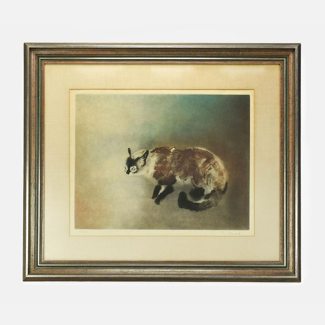 Large Original Kaiko Moti Aquatint Print Siamese Cat: Fine original condition, framed matted and sealed under glass. Pencil Signed and numbered as shown. Sight size: 17 1/2" x 22 1/2". See last detail pics to view the accurate colors as they appear in pe