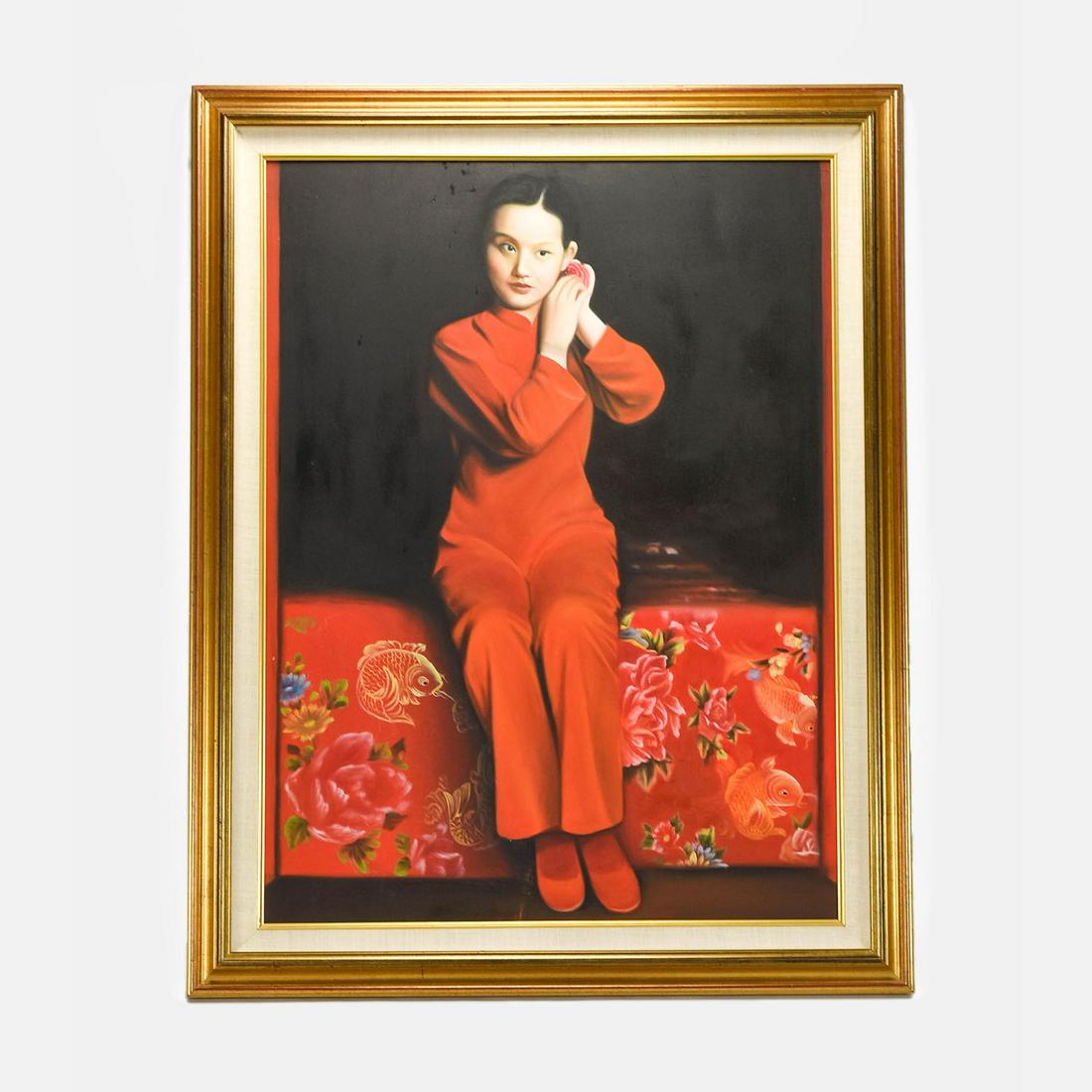 Fine Portrait Painting Vietnamese Girl in Red: Excellent original condition with no rips, holes or repairs. Original acrylic on canvas. Approx. stretcher size: 31" x 23"