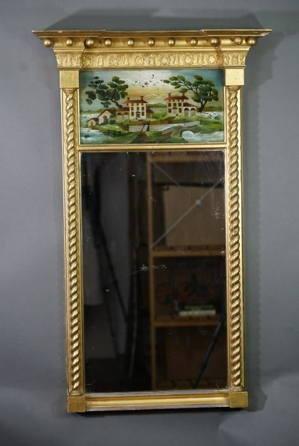 Large Antique Federal Eglomise Gilt Wood Trumeau Wall Mirror (1 of 10)