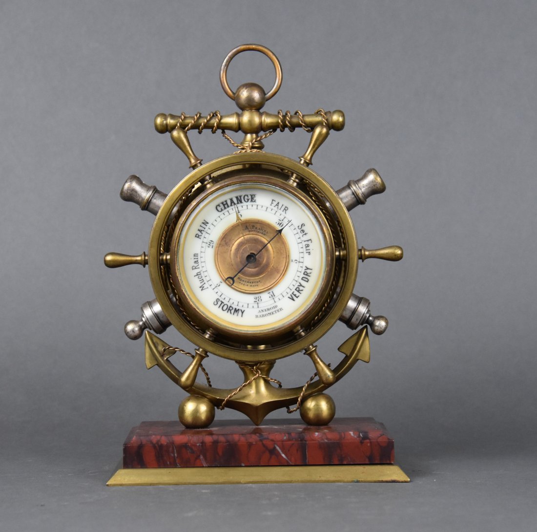 Franks Fine Antique Marble and Brass Ships Wheel Aneroid Barometer (1 of 12)