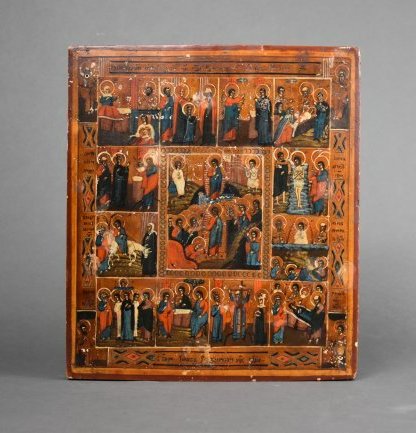 Fine Antique Russian 19thC Painted Wood Icon with Numerous Multiple Saints (1 of 14)