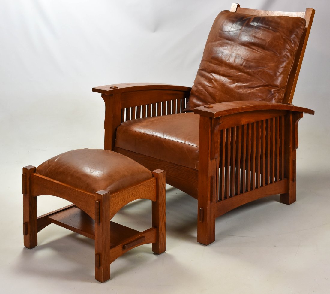 Vintage Mission Oak Arts Crafts Bow Arm Morris Chair And Ottoman