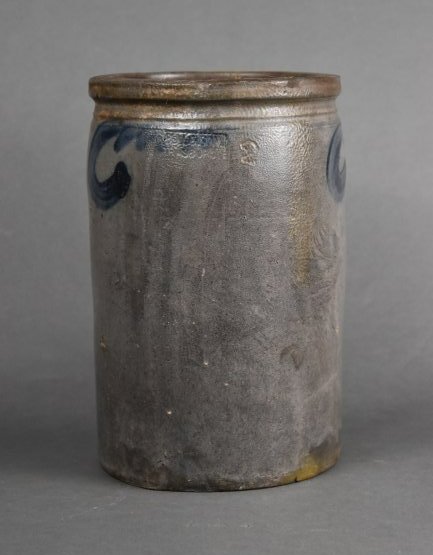 Two Gallon Solomon Bell, Strasburg, VA Stoneware Crock: Very good original condition with no cracks or internal lines, only very light rim nicks, and a few pits on the body. ************** The Shenandoah Valley stoneware in this auction was acquired direct
