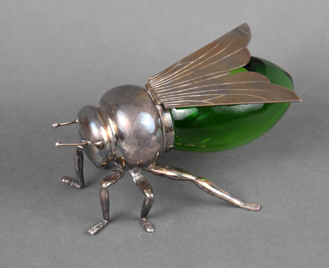 1920s Figural Bee Lidded Green Glass Silverplate Honey Pot J. Fraget (1 of 13)