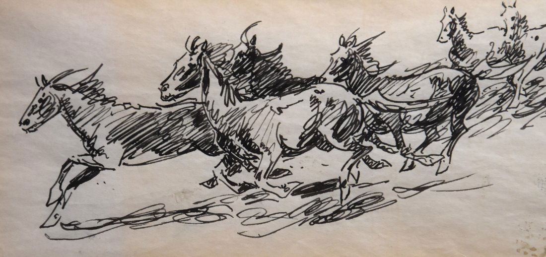 Two James Colt Western Pen and Ink Framed Drawings Horses and Cows (1 of 10)