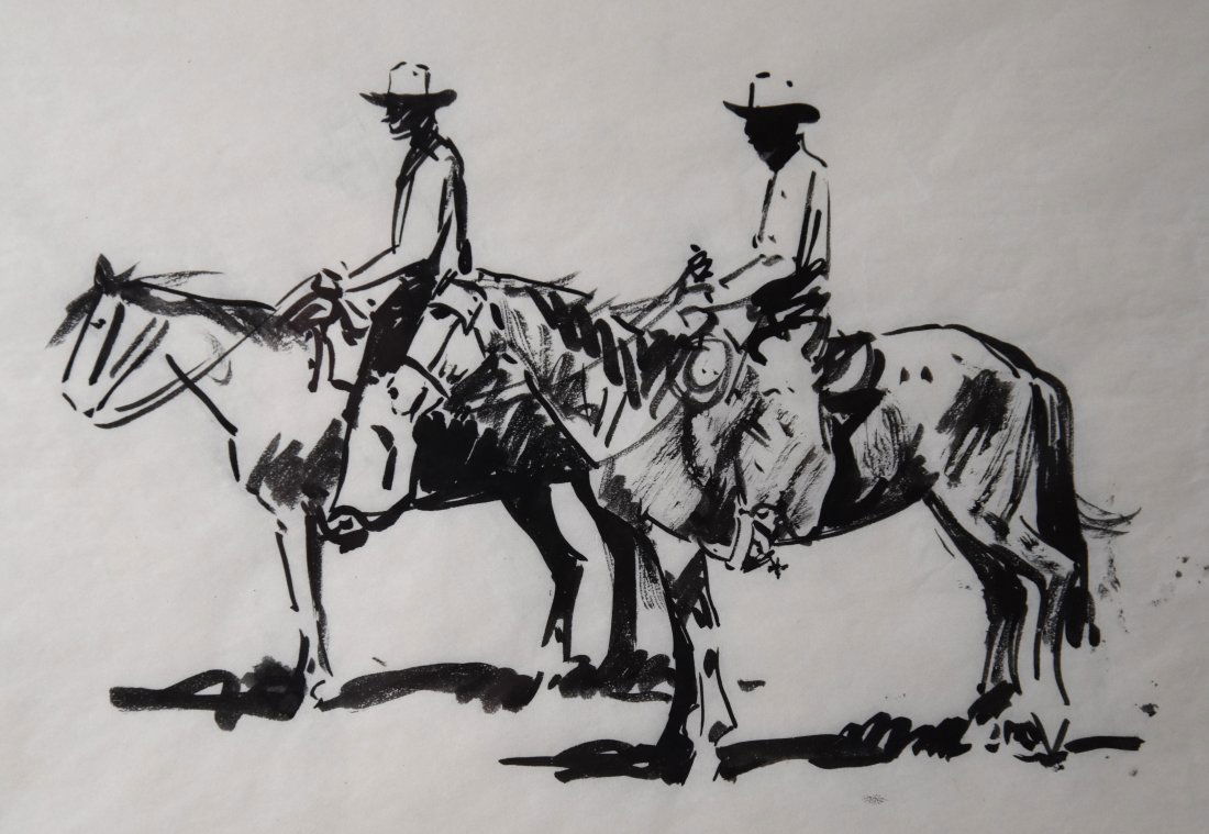 James Colt Western Pen and Ink Framed Drawings Cowboys on Horses (1 of 6)
