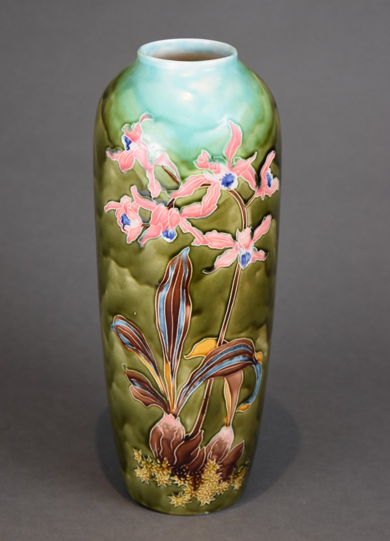Antique European 14" Art Pottery Iris Floral Vase Majolica Style (1 of 11)