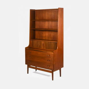 Povl Dinesen MCM Teak Tambour Door Secretary Bookcase Cabinet with Drawers: Ca. mid 20thC. Age appropriate wear from use. Made in Denmark for Bornholm.