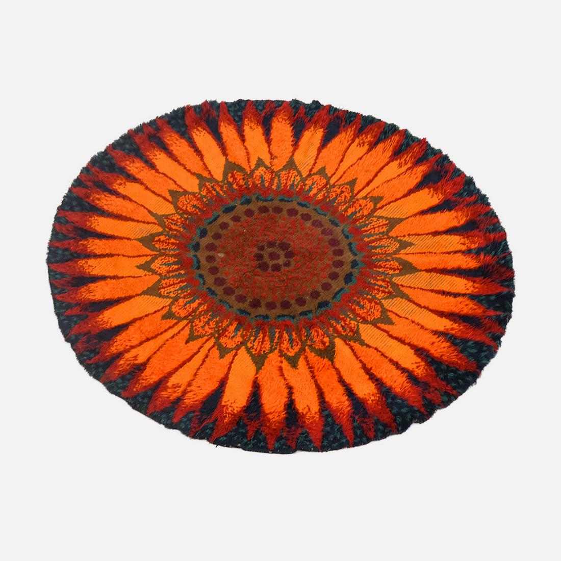 Round Scandinavian MCM Rya Rug Vintage 1970s Sunflower Red Blue Orange Carpet (1 of 8)