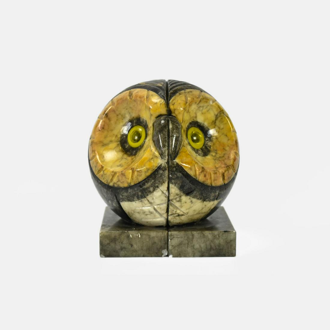 Carved Alabaster Painted Marble Owl Book Ends (1 of 10)