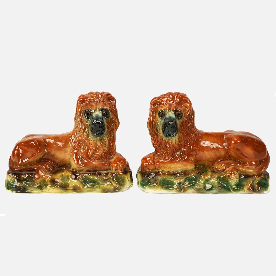 Pair of Late 19th Century English Staffordshire Porcelain Lying Lion Figures (1 of 10)