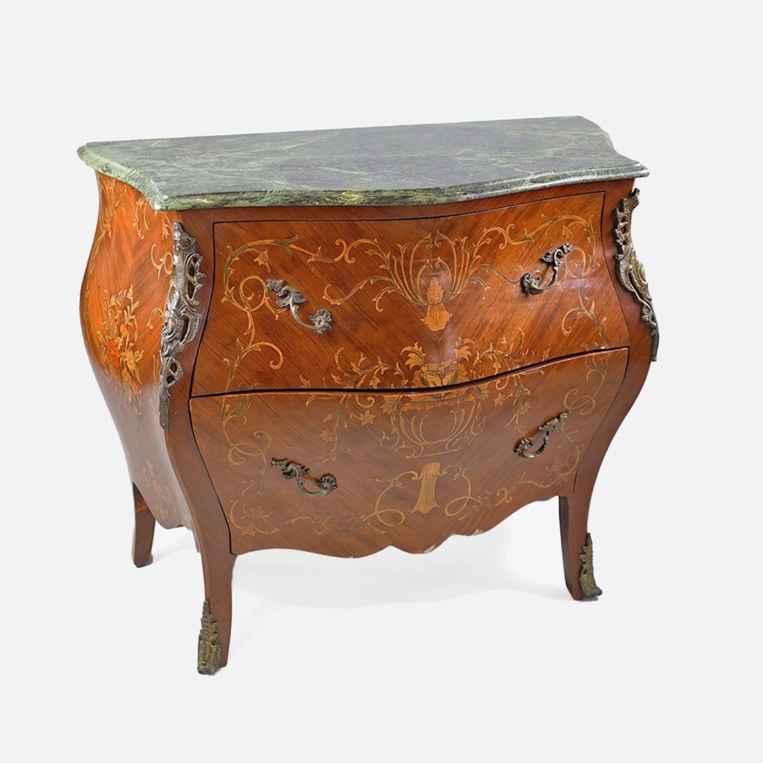 20th Century French Louis XV Style Marble Bombe Chest with Marquetry Inlay and Ormolu Mounts (1 of 9)