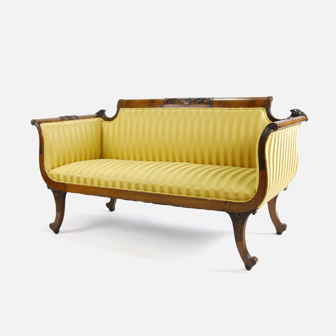 Antique Empire Inlaid Silk Upholstered Sofa Settee Duncan Phyfe Style: Upholstered sofa settee in Duncan Phyfe Style.