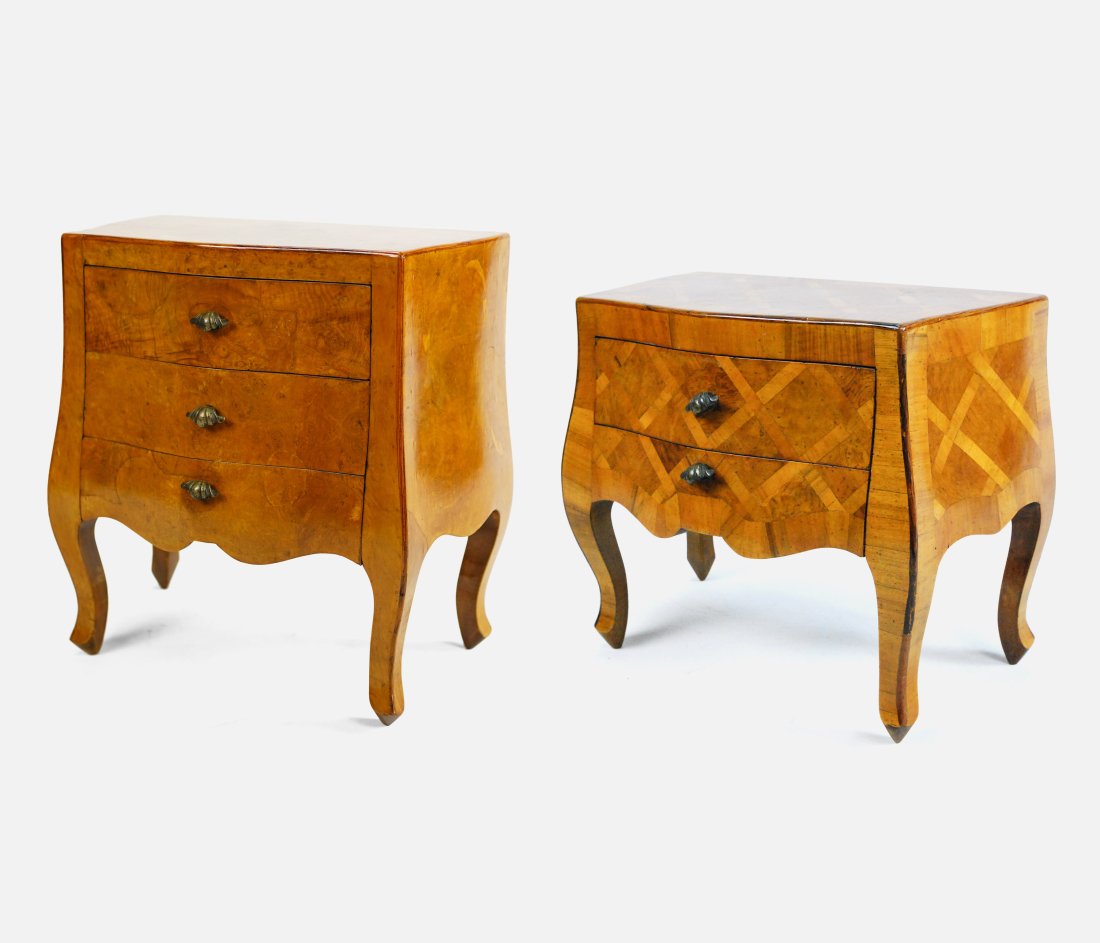 Two Small 1950s Bombe Commodes Made in Italy - 1 Marquetry & 1 Burl Wood (1 of 16)