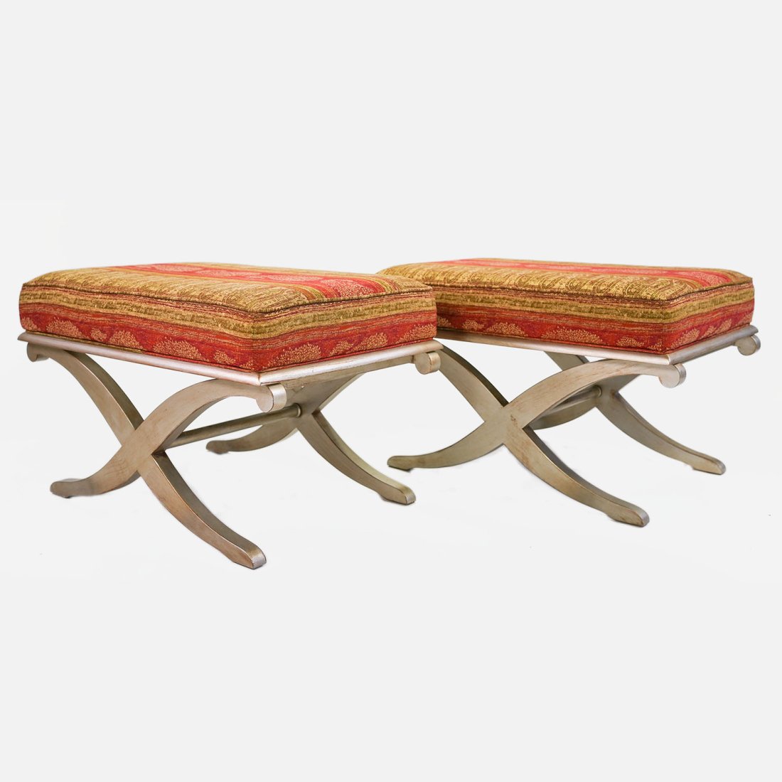 Pair 20th Century Upholstered Hickory White Gilt Silver Ruhlmann Style Stools (1 of 6)