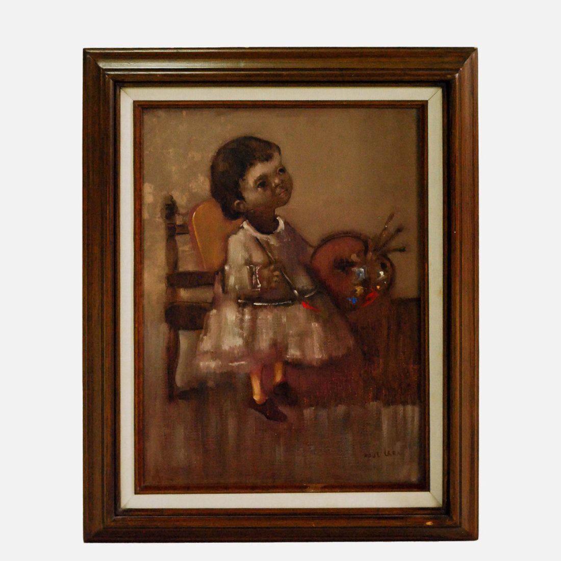 Magical Folk Art Portrait Painting of Artistic Young Child: Ca. mid 20thC. Fine original condition with no rips, holes or repairs. Acrylic on canvas, on a board. Framed and matted. Signed lower right by Raul Lara. Sight size 15 1/4" x 12 1/4".