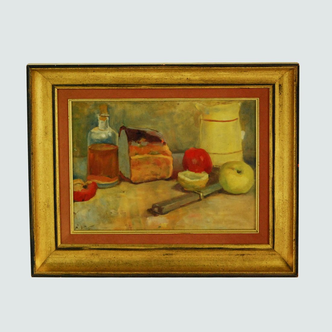 1950s Oil Painting on Board Still Life with Bread, Fruit and Wine: Ca. mid to third quarter 20thc. No rips, holes or repairs. Acrylic on canvas, canvas on board. Indistinctly signed lower left, in fine original condition. Painted in a French farmhouse style. Sight si