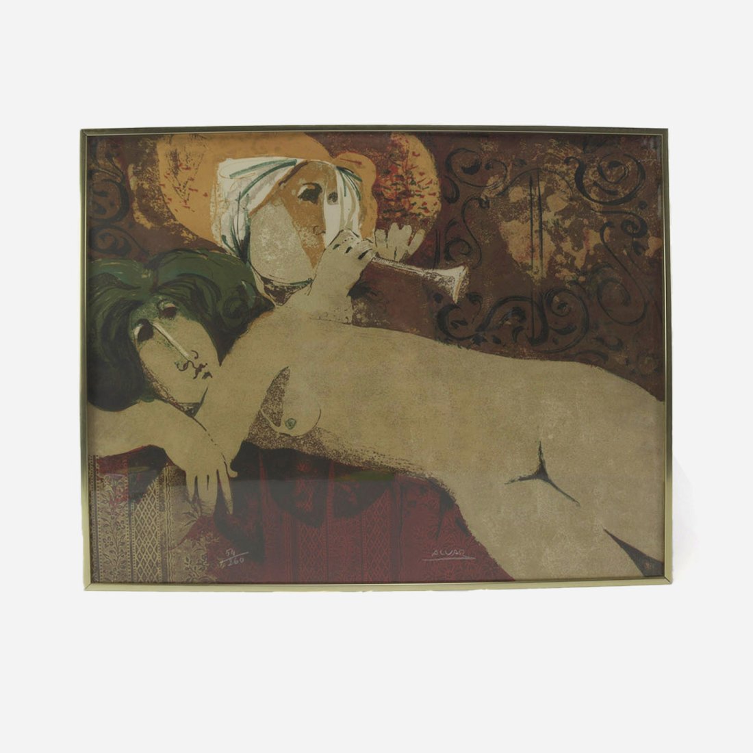 Alvar Sunol Reclining Nude Signed MCM Lithograph Limited Edition 54/260: Circa last half 20thC. Excellent, in metal frame under plexi., sight size 26" x 20 1/2". This vintage limited edition lithograph is by Spanish artist Ã€lvar Sunol Munoz-Ramos (1935 - Living). The l