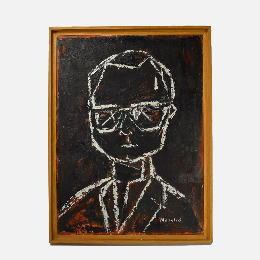 Sylvia Modelski Impasto Painting of Man in Suit 32 1/8 x 24 1/4: This painting features a white outline of a suited man wearing sunglasses on black. Sight size is 30" x 22" Signed "Modelski"