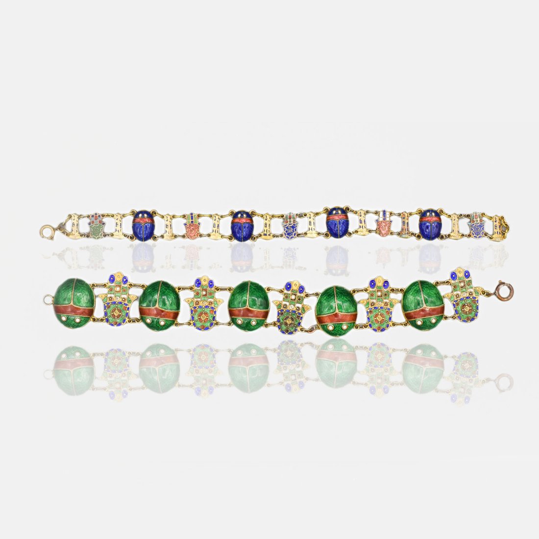 Gilt Silver Enamel Egyptian Revival Link Bracelets: Smaleler Scarabs 7.25" Long x Approx 18mm H, Large Scarab 7 1/8" long x Approx 20mm h