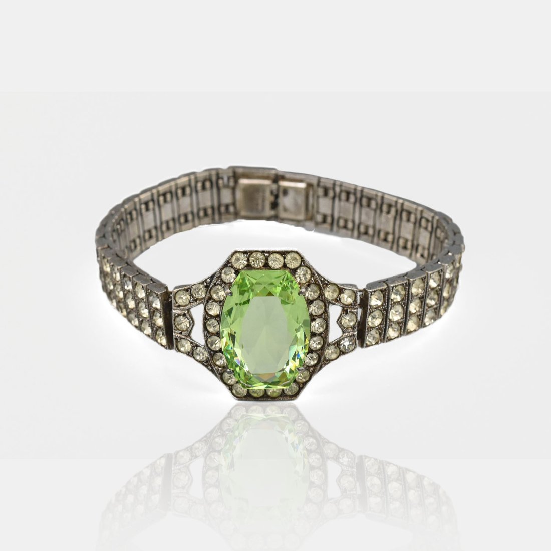 Fine Art Deco Sterling Silver Peridot Rhinestone 1920s Link Bracelet (1 of 12)