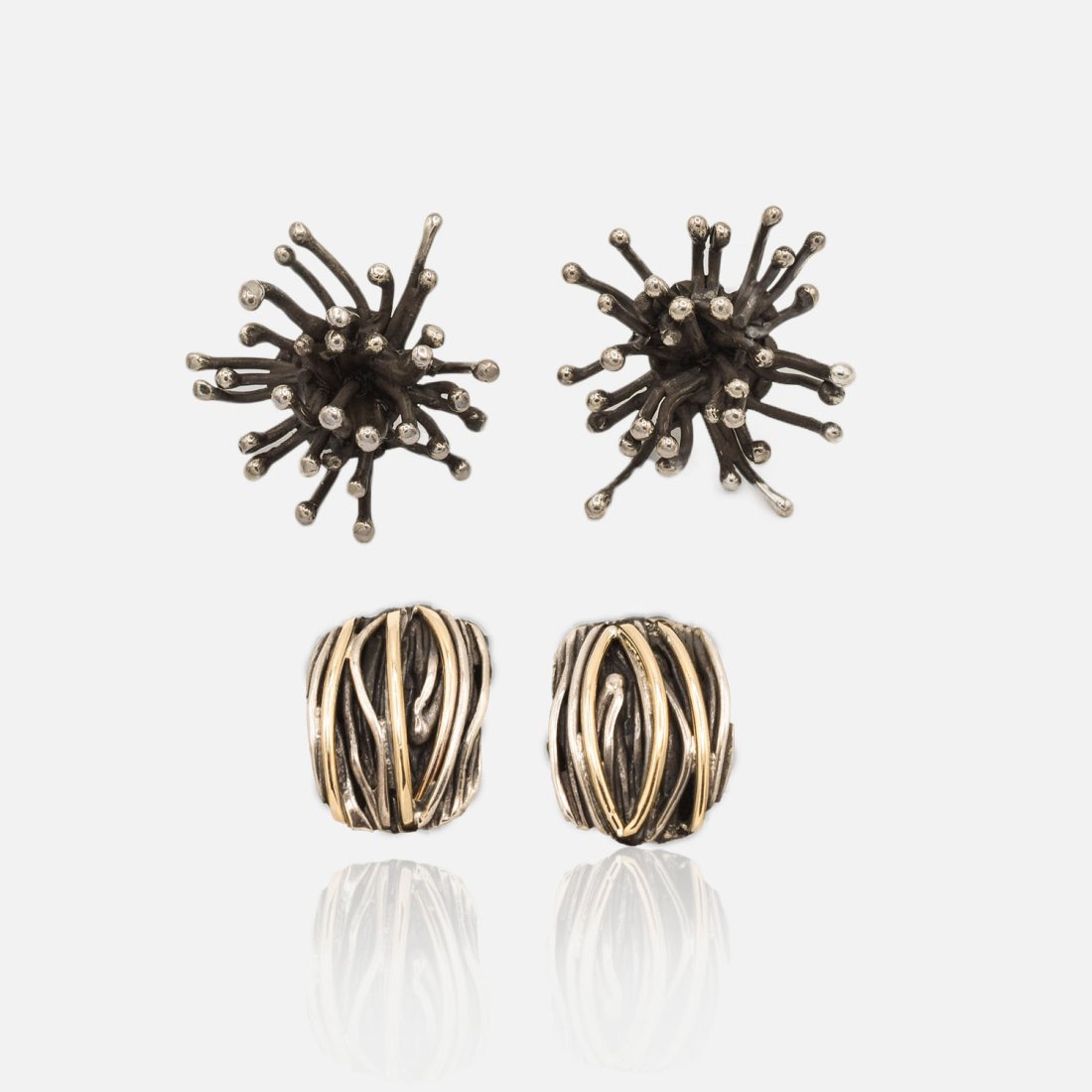 Gusterman Modernist Silver & 14K Gold Earrings plus 2nd Sterling SG Pair (1 of 7)