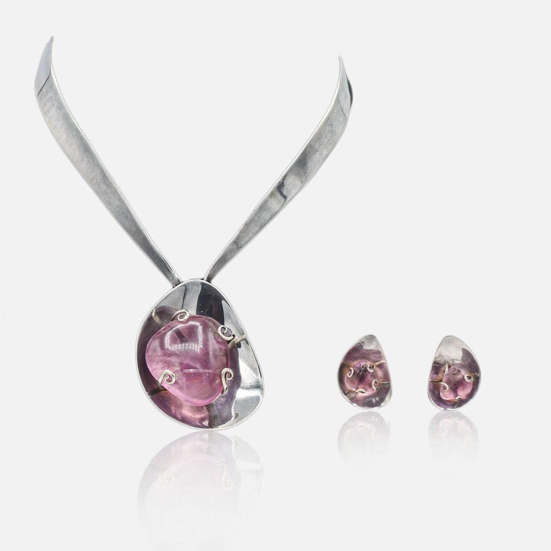 Modernist Mexican Sterling Silver Amethyst Stone Necklace Earrings Set (1 of 12)