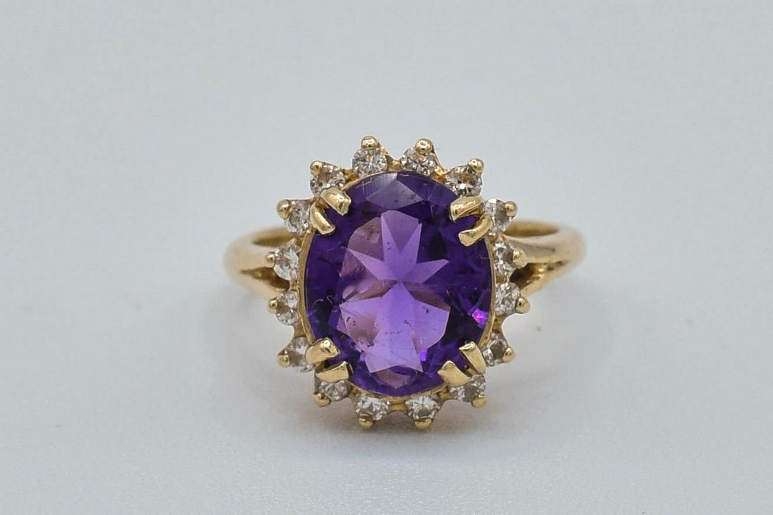 Fine 14K Yellow Gold Amethyst Diamond Halo Ladies Ring (1 of 8)