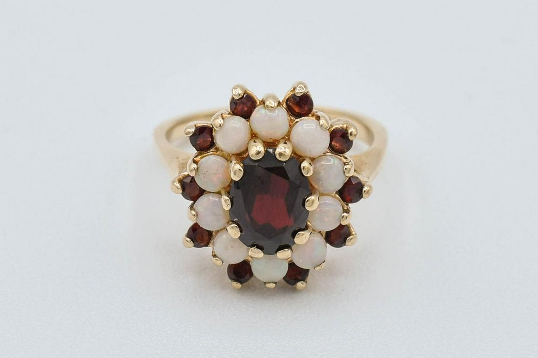 Fine Ladies Garnet & Opal 10K Yellow Gold Halo Cocktail Ring (1 of 8)