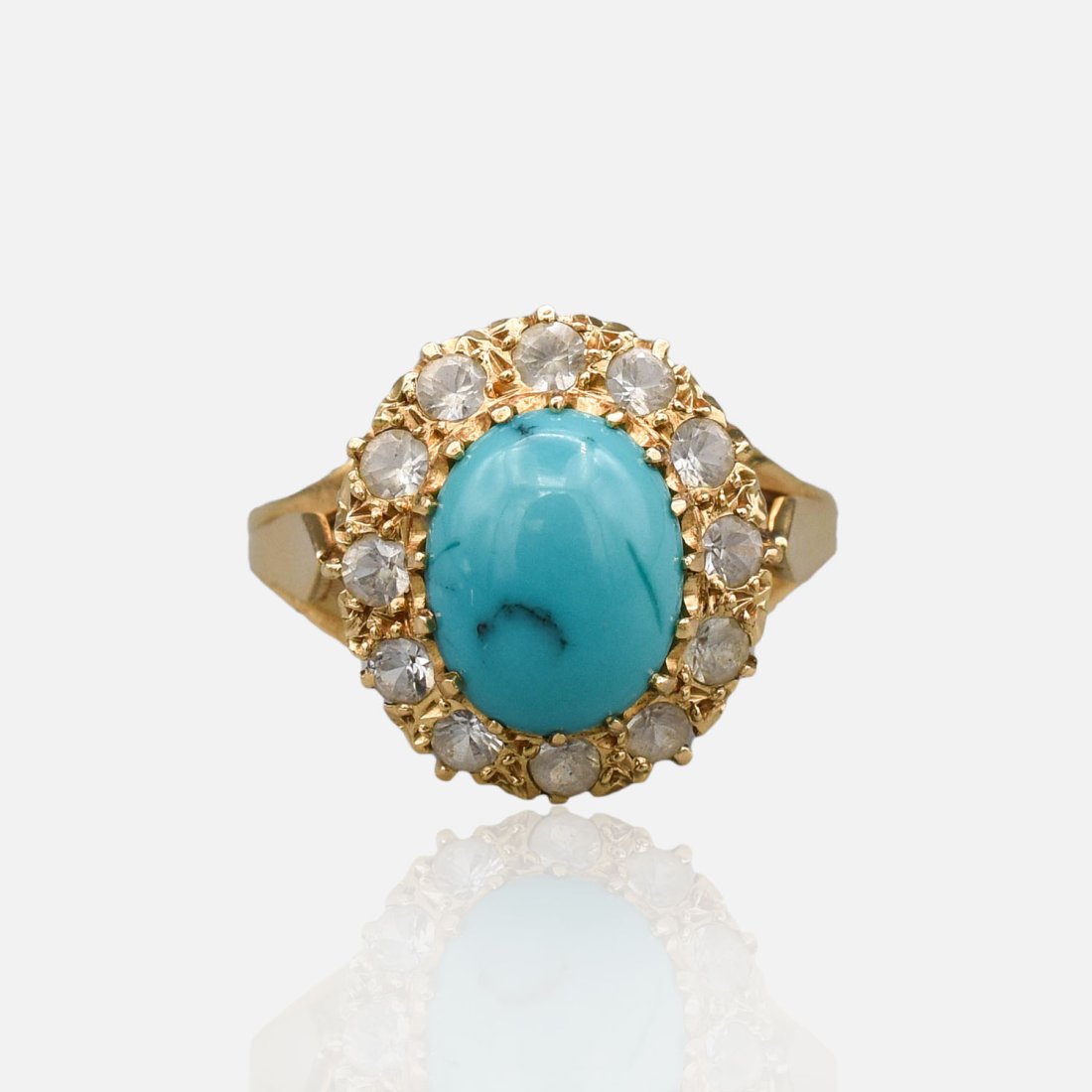 Fine 18K Yellow Gold Turquoise Cabochon and White Sapphire Ladies Ring (1 of 8)