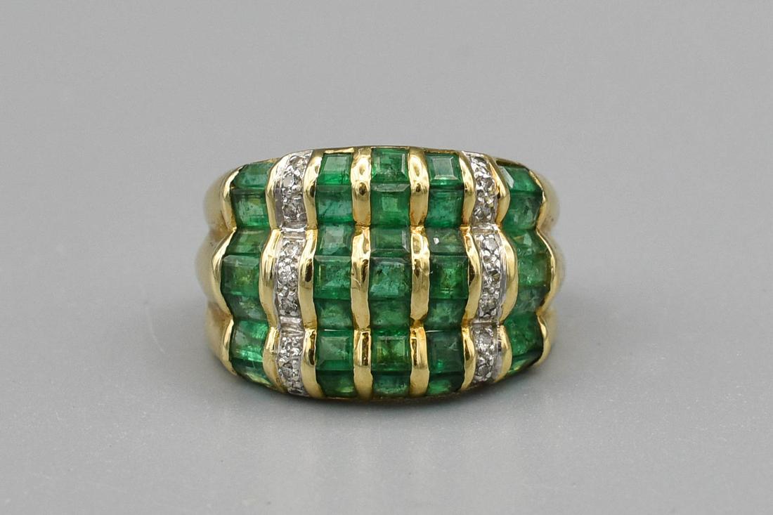 14k Gold Bar Set Natural Emerald Diamond Ring (1 of 7)
