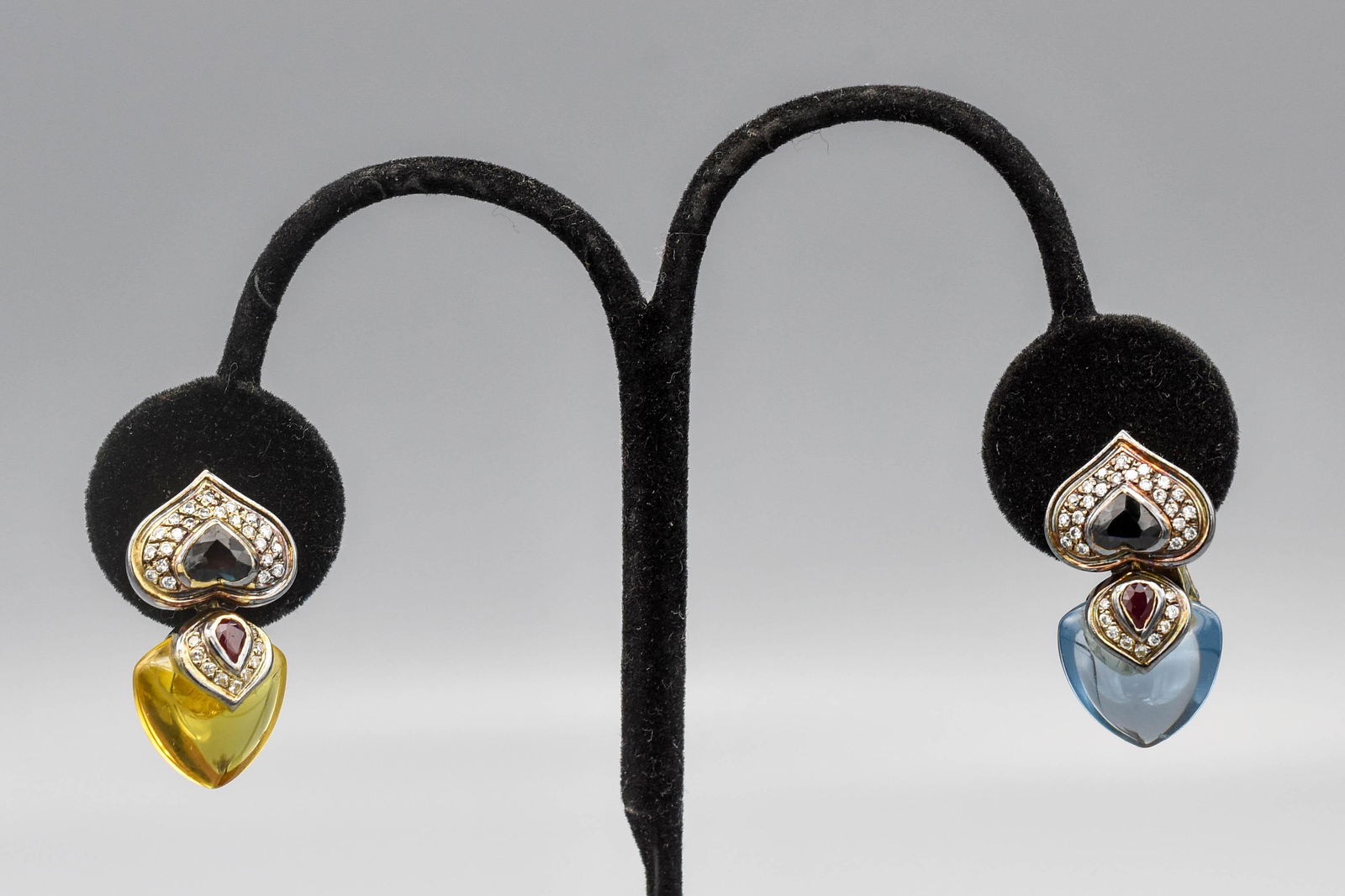 Sterling Silver and 18k Gold Ruby Sapphire Glass Clip Earrings (1 of 5)