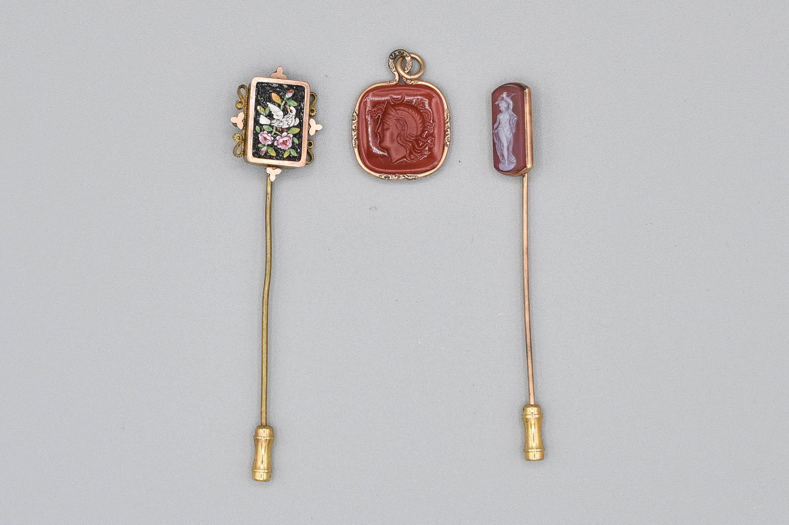 Antique Carved agate Cameo 10K Yellow Gold Stick Pin w/Micromosaic (1 of 10)