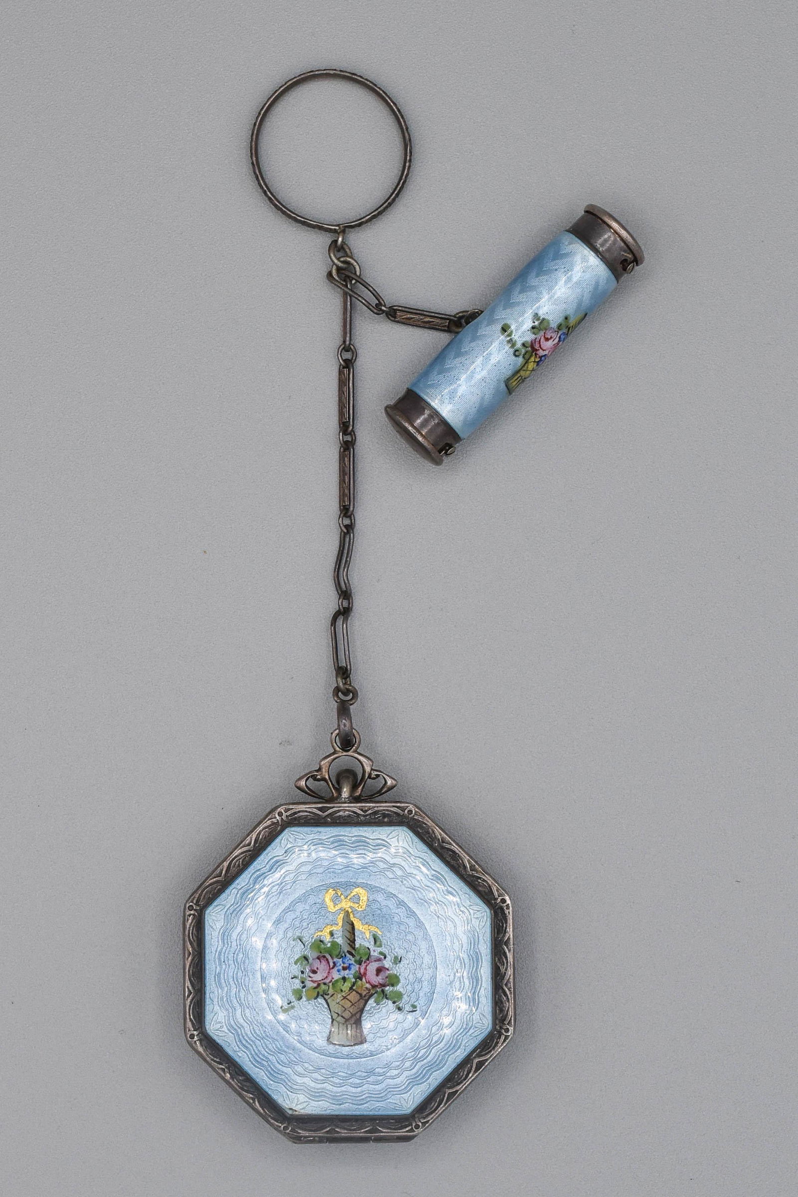 Antique Handpainted Sterling Silver Guilloche Enamel Lipstick Vanity Compact (1 of 8)