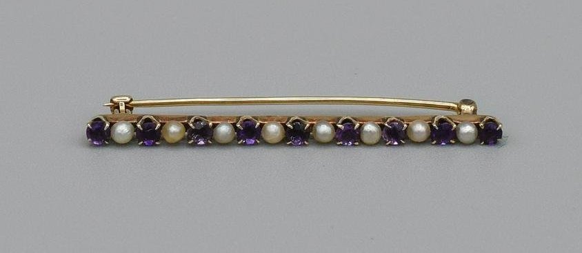 Fine 14K Yellow Gold Amethyst and Pearl Bar Pin (1 of 5)