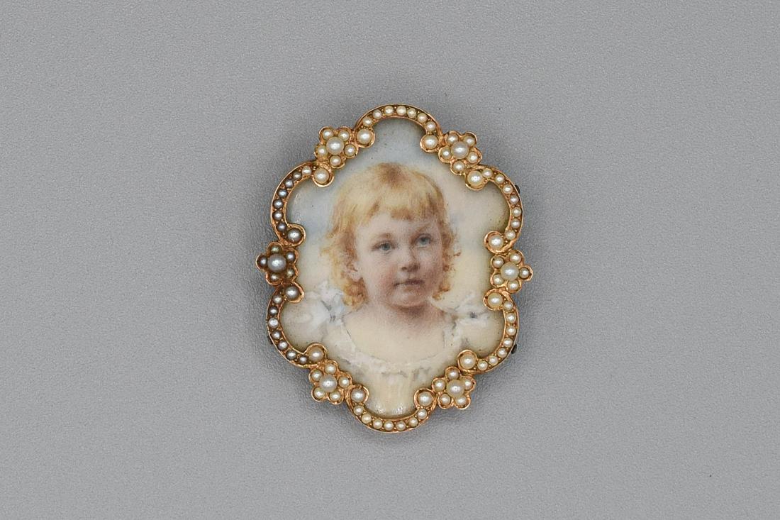 Antique 14K Gold and Seed Pearl Porcelain Painted Brooch (1 of 7)