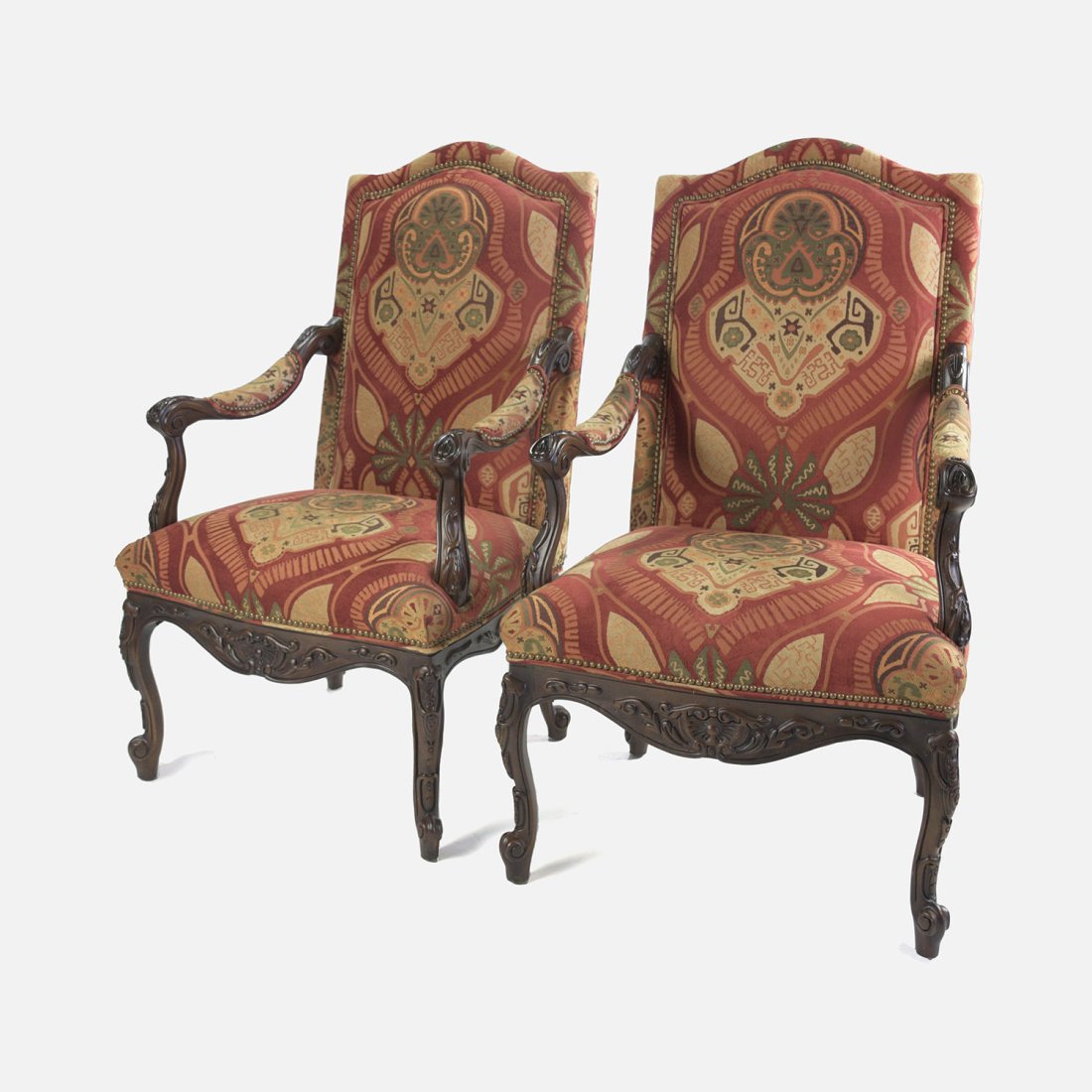 20th Century Hancock and Moore William Morris Style Upholstered Armchairs: Silk & cotton blend upholstery.