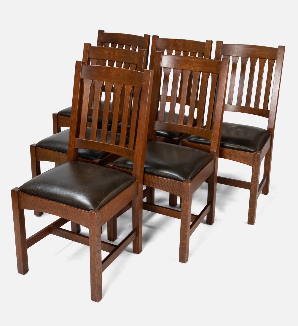 Set of Six Stickley Mission Oak Arts & Crafts Dining Chairs Leather Seats #32 (1 of 12)