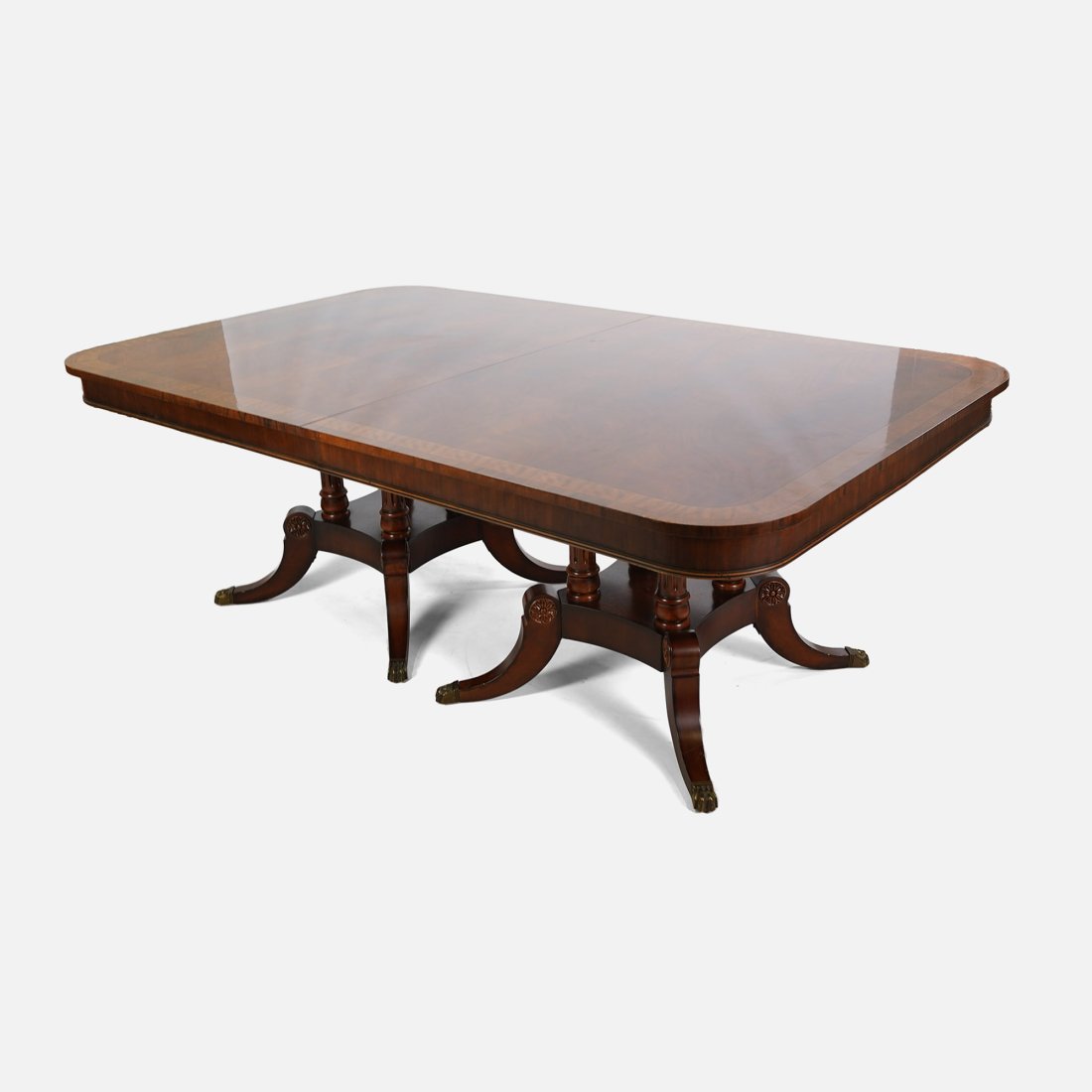 PEDESTAL DINING TABLE Fine Burl Inlaid Mahogany w/Brass Castors (1 of 13)