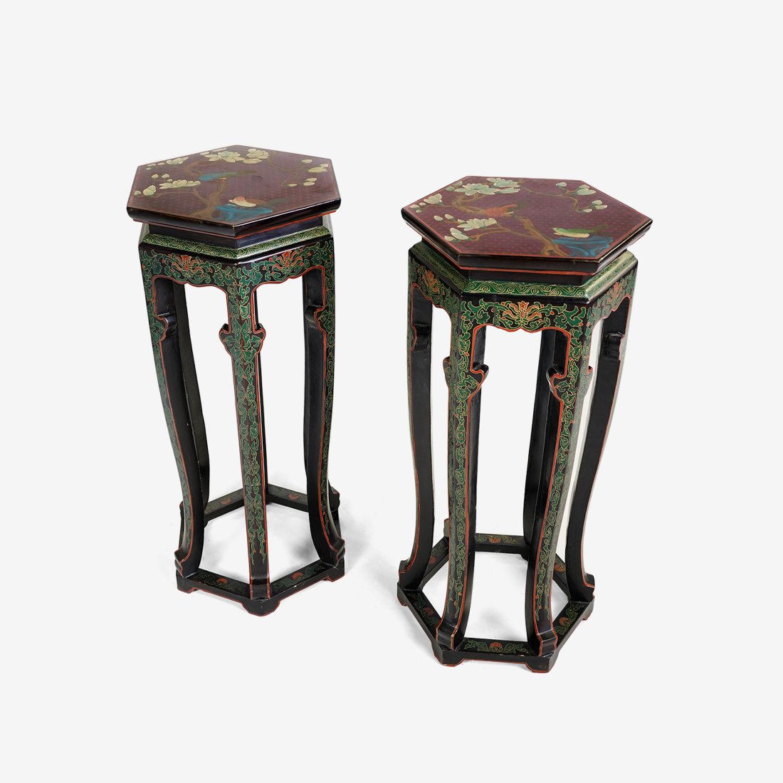 PAIR CHINESE SIDE TABLE PLANT STANDS Polychrome Lacquer Paint (1 of 8)