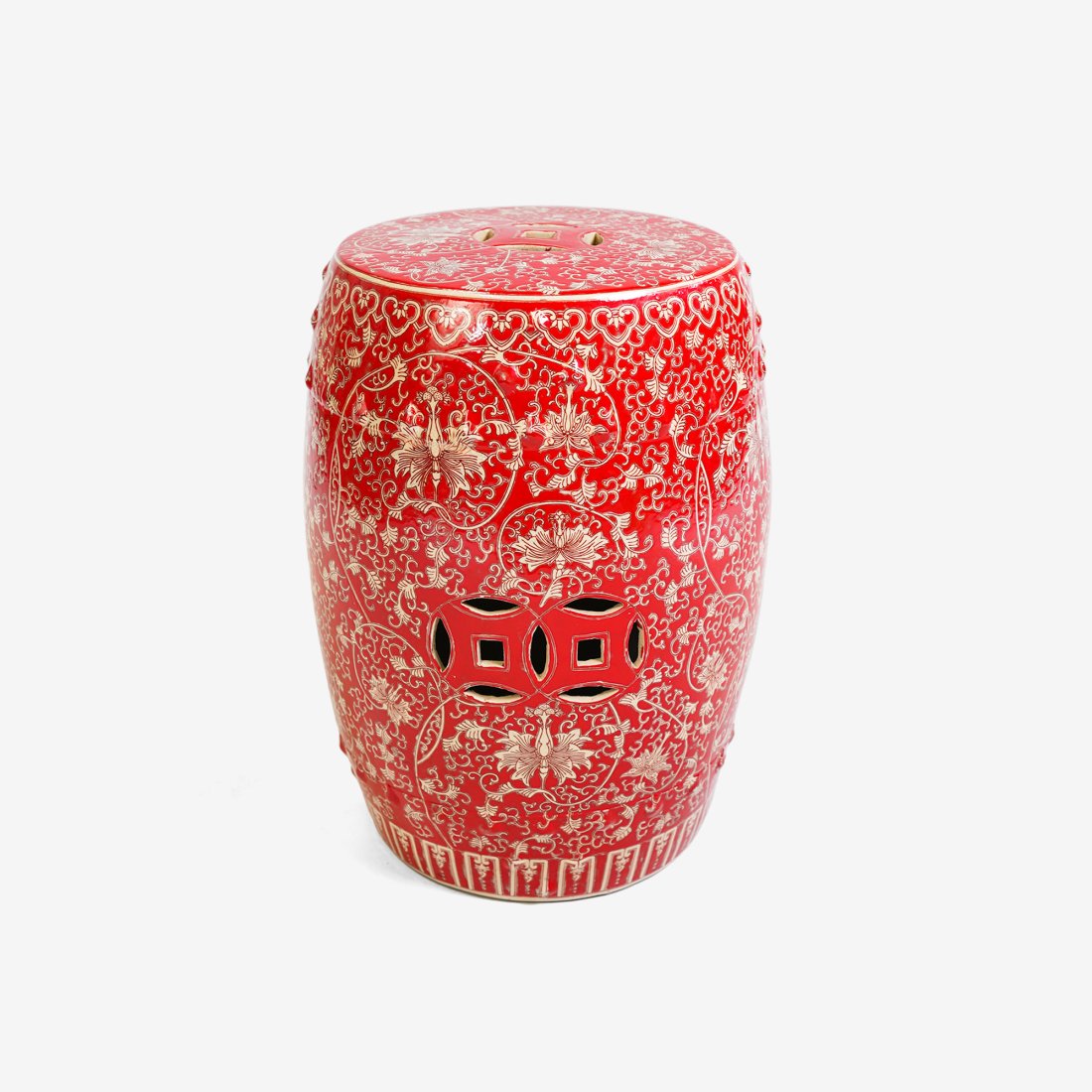 GARDEN SEAT Asian Enameled Porcelain Chinoiserie Style: Ca. mid 20thC. A red floral porcelain garden stool in good condition with no chips cracks or repairs.