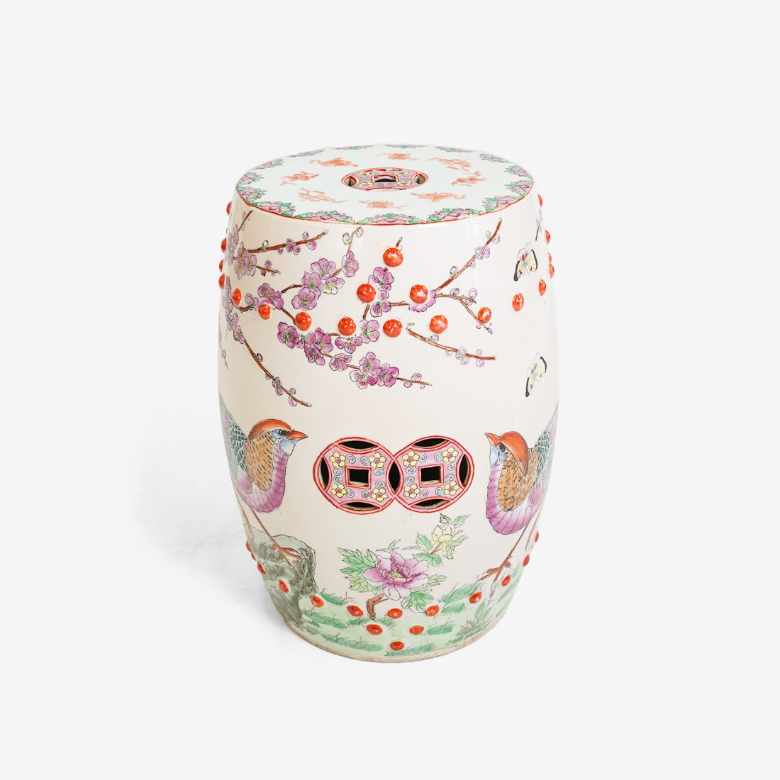 GARDEN SEAT Chinese Rose Medallion Porcelain Cherry Tree w/Bird: Ca. mid 20thC. Excellent with no chips, cracks, or repairs. A cherry tree and bird garden stool in good condition.