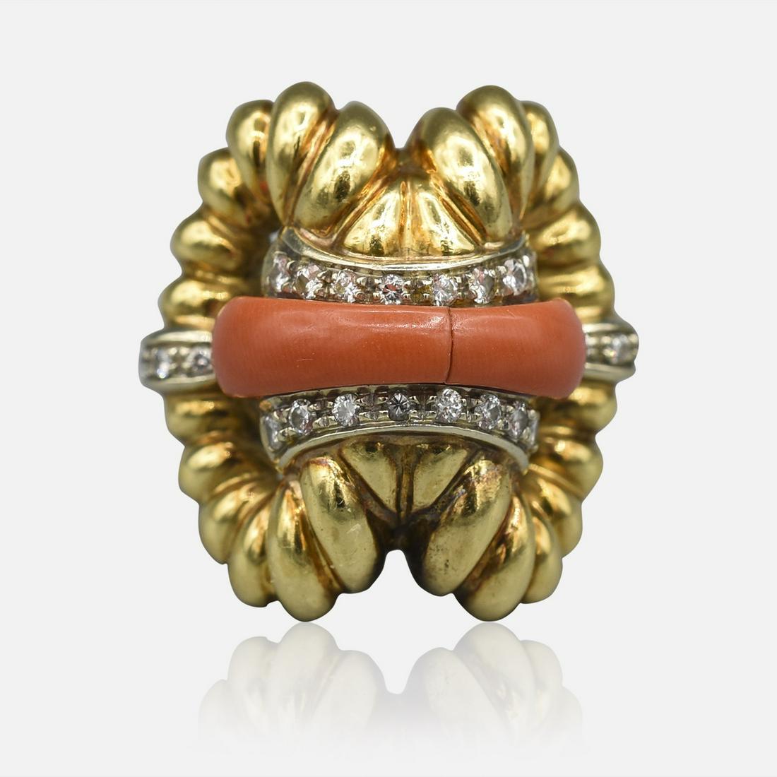 Fine 18K Yellow Gold Italian Diamond & Coral Ladies Cocktail Ring (1 of 7)