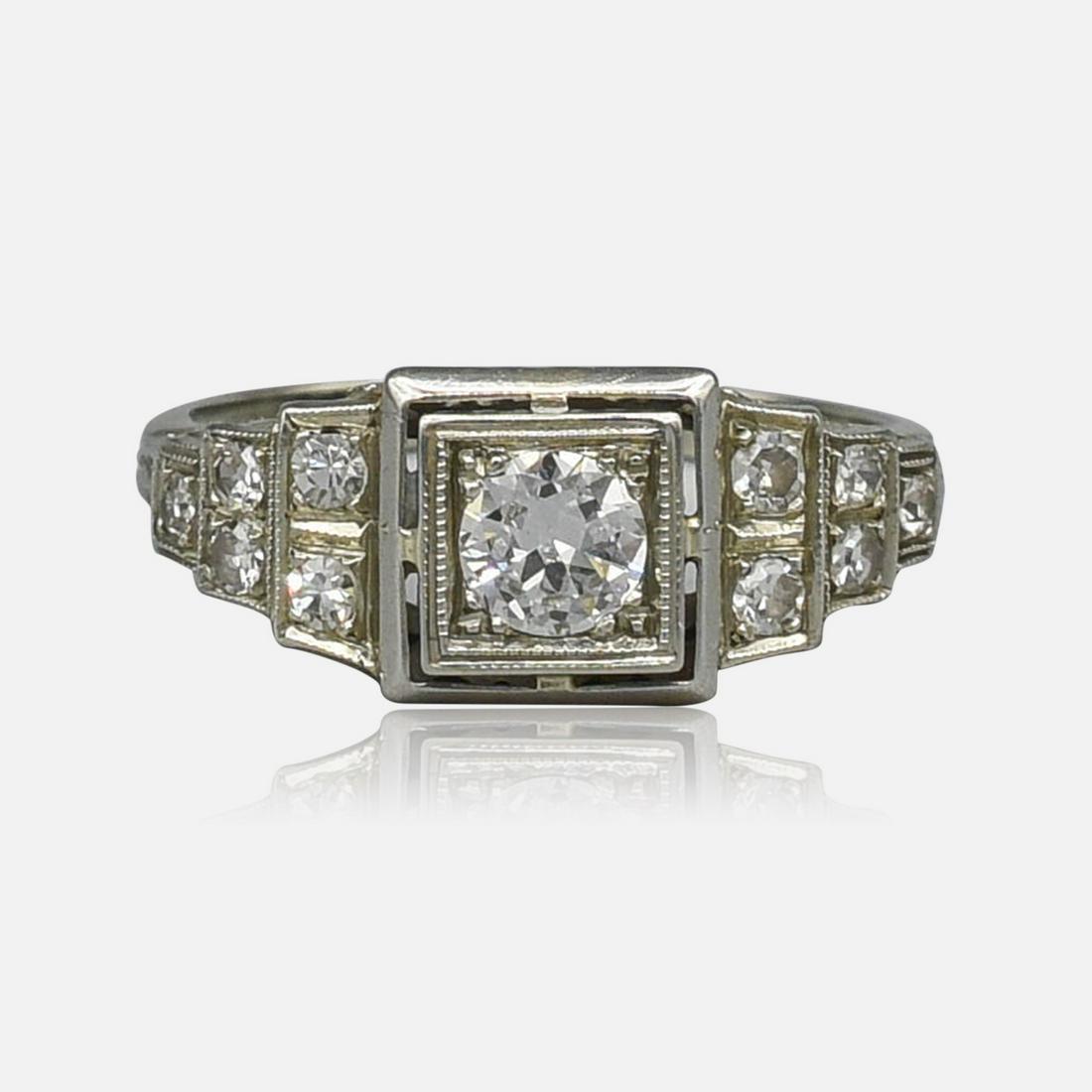 Fine Art Deco 18K White Gold Diamond Ladies Engagement Ring (1 of 7)