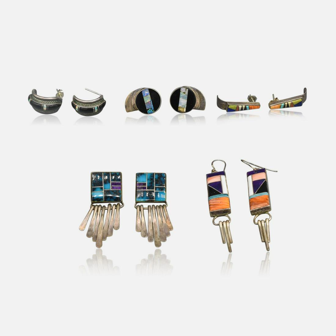Collection of Five Pairs Native American Chanel Inlay Gemstone Earrings (1 of 11)