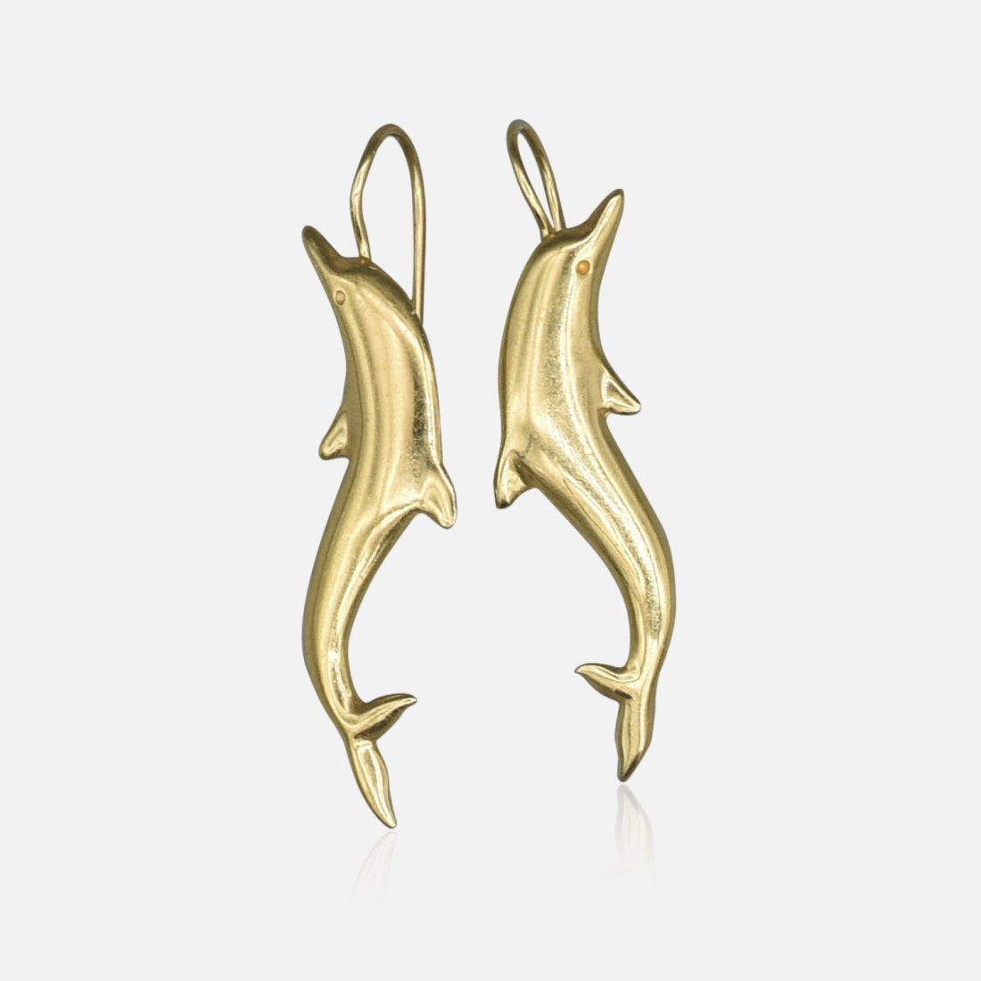 Designer Modernist Solid 14k Yellow Gold Dolphin Pierced Dangle Earrings (1 of 5)