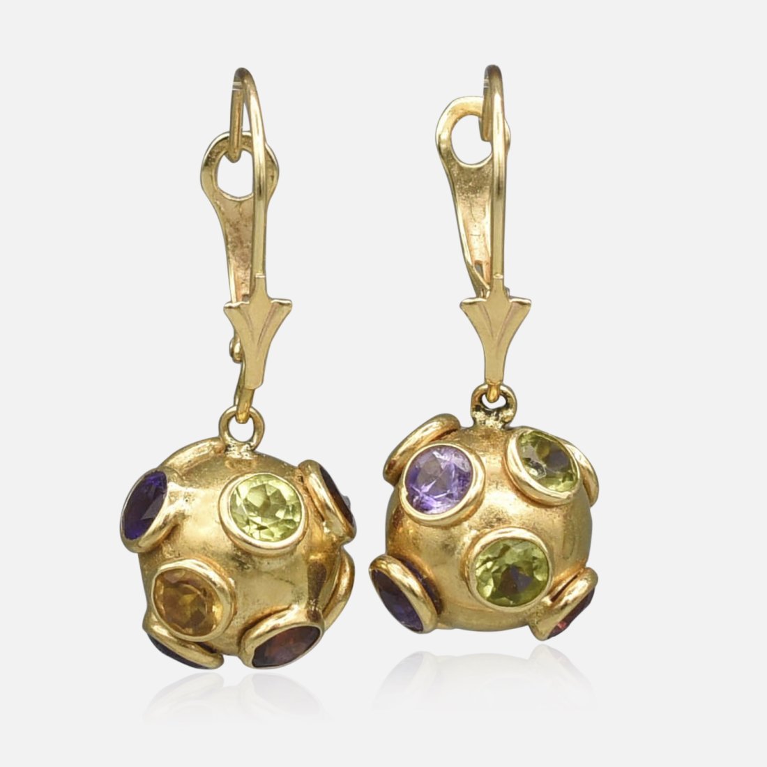 Pair 14K Yellow Gold Ball Multi-Gemstone Dangle Earrings (1 of 5)